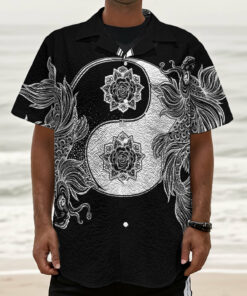 Yin And Yang Koi Carp Fish Print Textured Short Sleeve Shirt