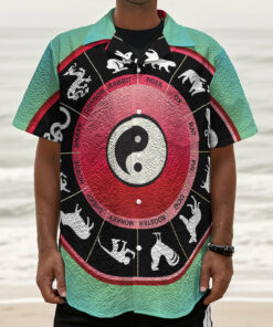 Yin Yang Chinese Zodiac Signs Print Textured Short Sleeve Shirt