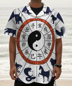 Yin Yang Chinese Zodiac Wheel Print Textured Short Sleeve Shirt