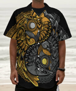 Yin Yang Owl Print Textured Short Sleeve Shirt