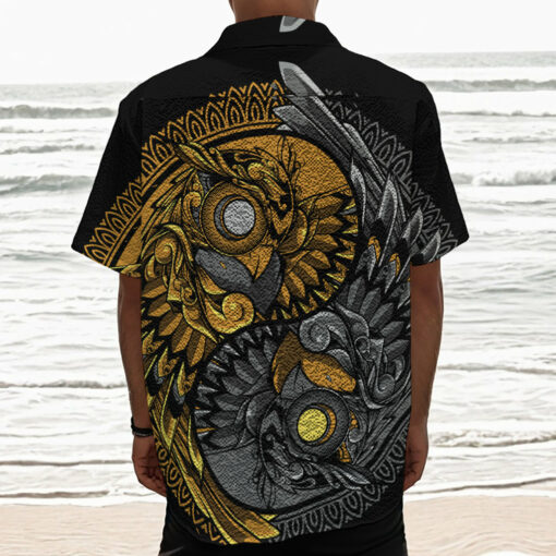 Yin Yang Owl Print Textured Short Sleeve Shirt