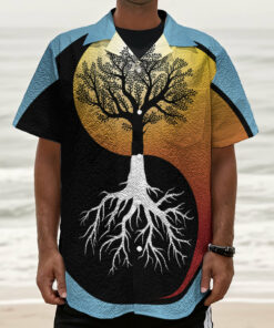 Yin Yang Tree Of Life Print Textured Short Sleeve Shirt