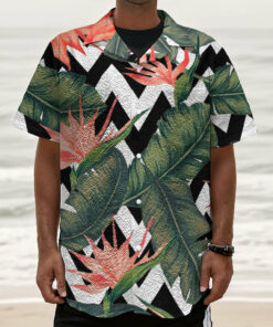Zig Zag Tropical Pattern Print Textured Short Sleeve Shirt