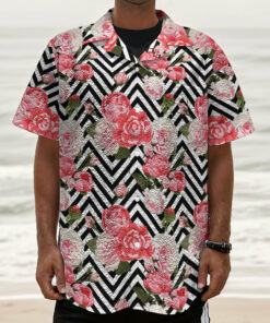 Zigzag Peony And Rose Pattern Print Textured Short Sleeve Shirt