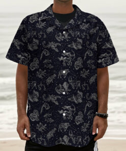 Zodiac Constellation Pattern Print Textured Short Sleeve Shirt