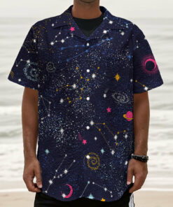 Zodiac Star Signs Galaxy Space Print Textured Short Sleeve Shirt