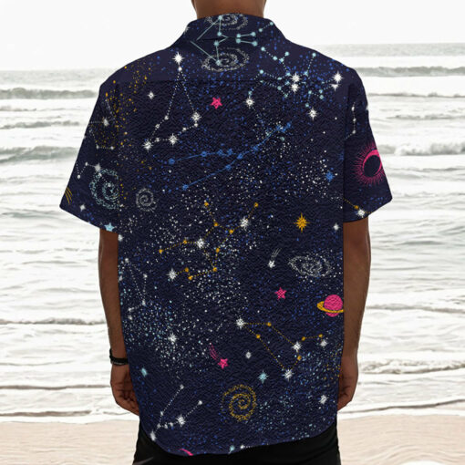 Zodiac Star Signs Galaxy Space Print Textured Short Sleeve Shirt