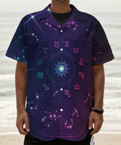 Zodiac Symbols Wheel Print Textured Short Sleeve Shirt