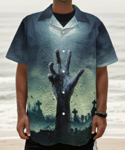 Zombie Hand Rising From Grave Print Textured Short Sleeve Shirt